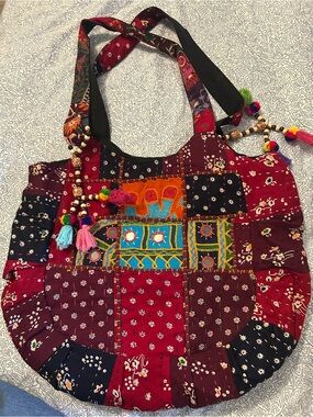 Boho Patchwork Tote Bag in Burgundy and Multicolor